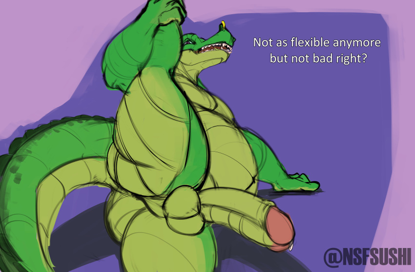 2020 anthro ass balls belly big_belly crocodile crocodilian crocodylid english_text fan_character flexible genitals hi_res humanoid_genitalia humanoid_penis male male_only meme nsfsushi one_leg_up penis raised_leg reptile scalie sketch solo splits spread_legs spreading text vertical_splits