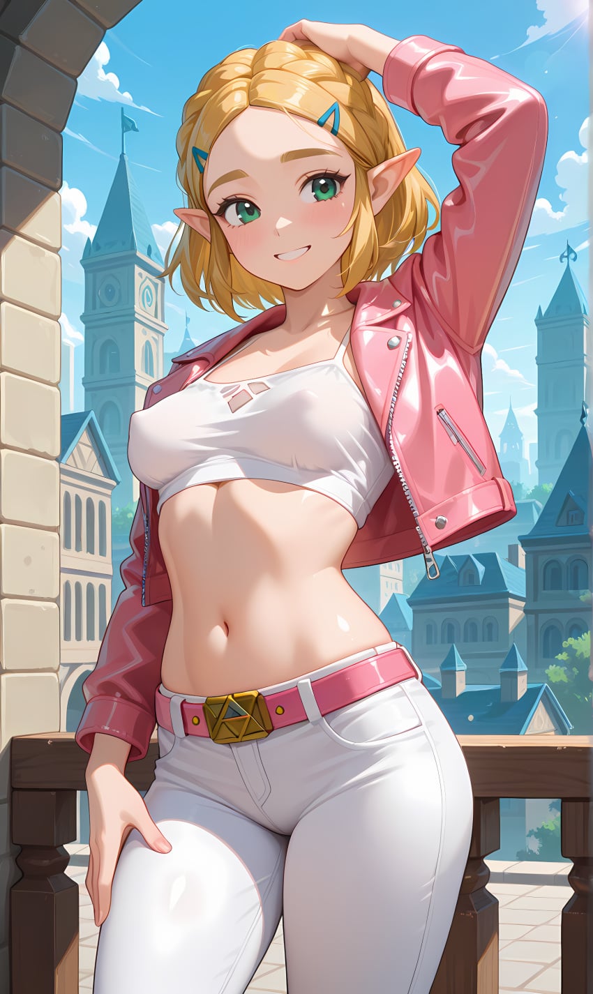 1girl abdomen ai_generated blonde_hair braided_hair breasts cleavage cropped_jacket elf_girl erect_nipples hairclips happy hips hylian midriff modern_au navel one_arm_up pink_belt pink_leather pixai princess_zelda short_hair smiling the_legend_of_zelda tight_pants town town_background waist white_pants white_top zelda_(tears_of_the_kingdom)