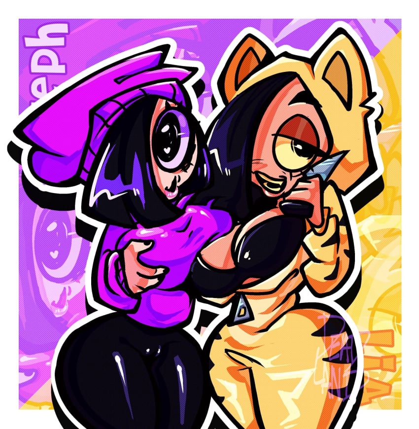 2girls beanie bikini_top black_hair cat_ears deadlandddah fangs friday_night_funkin friday_night_funkin_(baddies_mod) hair_over_one_eye hand_on_breast hat heart-shaped_pupils holding_object knife leggings lia_(nekofreak) looking_at_viewer nekofreak nekofreak_mod onesie pajamas pink_lipstick stephanie_(friday_night_funkin) sweater tagme thick_thighs tight_clothing voluptuous wide_hips yellow_eyes