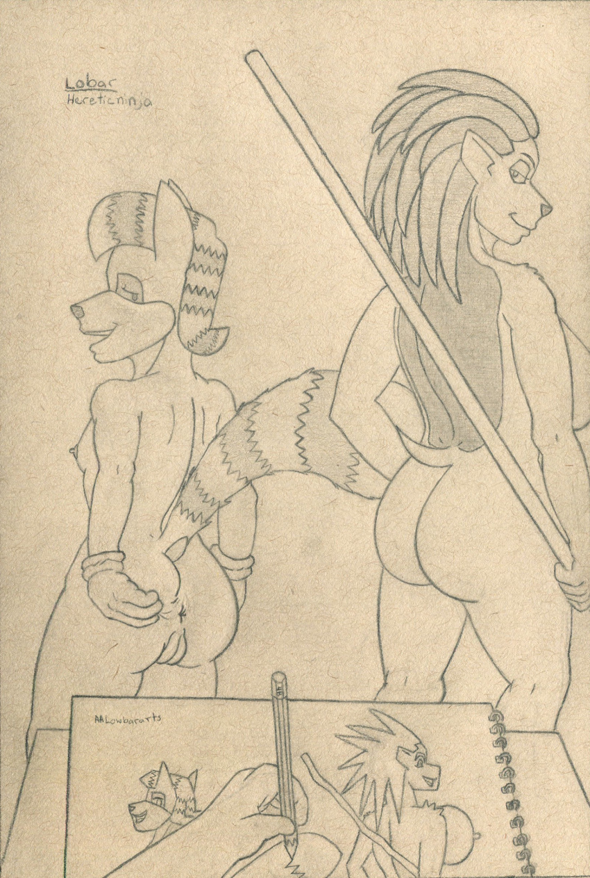 2girls anthro anus ass breasts clothing drawing english_text faceless_character female first_person_view genitals group hair handwear hi_res holding_object ka_sarra khat lemur line_art lobar looking_back mammal multiple_girls nipples nude porcupine pov presenting presenting_anus presenting_pussy primate pussy quills rodent side_boob simple_background small_breasts smile spreading strepsirrhine striped_hair striped_tail stripes traditional_media_(artwork) unseen_male_face