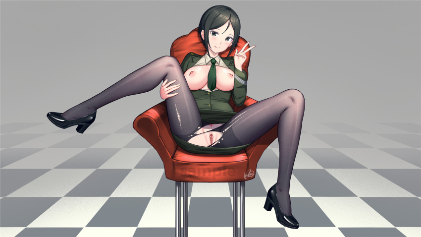 black_hair black_legwear blush breasts breasts_out chair chouno_ami closed_mouth female full_body girls_und_panzer green_eyes green_neckwear green_skirt high_heels highres konishi_(565112307) large_breasts looking_at_viewer military military_uniform miniskirt necktie nipples no_bra no_panties on_chair open_clothes pantyhose pussy see-through shiny shiny_hair short_hair sitting skirt smile solo spread_legs torn_clothes torn_legwear uniform v