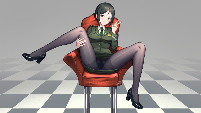 black_hair black_legwear blush breasts chair chouno_ami closed_mouth female full_body girls_und_panzer green_eyes green_neckwear green_skirt high_heels highres konishi_(565112307) large_breasts looking_at_viewer military military_uniform miniskirt necktie no_panties on_chair pantyhose pussy see-through shiny shiny_hair short_hair sitting skirt smile solo spread_legs uniform v