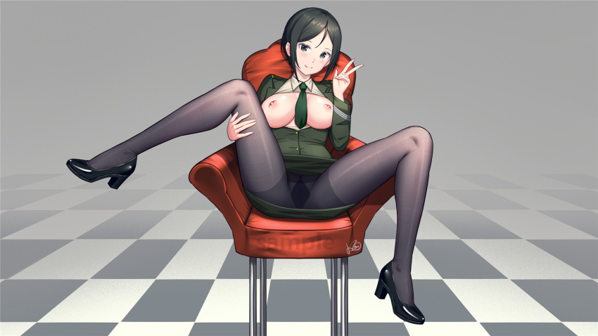 black_hair black_legwear blush breasts breasts_out chair chouno_ami closed_mouth female full_body girls_und_panzer green_eyes green_neckwear green_skirt high_heels highres konishi_(565112307) large_breasts looking_at_viewer military military_uniform miniskirt necktie nipples no_bra no_panties on_chair open_clothes pantyhose pussy see-through shiny shiny_hair short_hair sitting skirt smile solo spread_legs uniform v