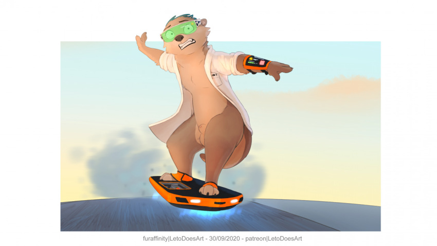 16:9 animal_genitalia anthro balls bottomless clothed clothing coat genitals hoverboard lab_coat letodoesart lutrine male male_only mammal mustelid sheath solo solo_male topwear widescreen