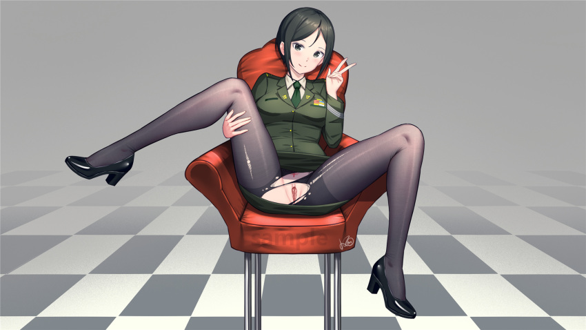 black_hair black_legwear blush breasts chair chouno_ami closed_mouth female full_body girls_und_panzer green_eyes green_neckwear green_skirt high_heels highres konishi_(565112307) large_breasts looking_at_viewer military military_uniform miniskirt necktie no_panties on_chair pantyhose pussy see-through shiny shiny_hair short_hair sitting skirt smile solo spread_legs torn_clothes torn_legwear uniform v