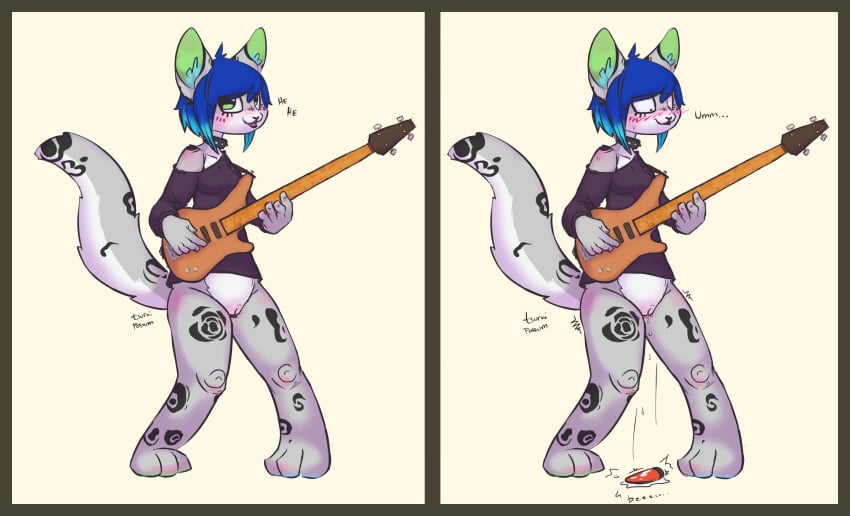 anthro bass_(disambiguation) blue_hair blush blush_stickers bodily_fluids bottomless bottomless_female clothed clothing comic dildo domestic_cat emo felid feline felis female genital_fluids guitar hair hi_res hikari lynx mammal markings messy metal punk pussy_juice sex_toy solo thick_thighs toy tsuraipossum