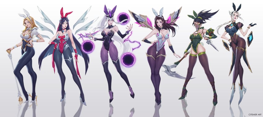 6girls akali battle_bunny_irelia bunnysuit camille_ferros citemer female_only high_heels irelia_xan kai'sa large_breasts league_of_legends luxanna_crownguard multiple_girls shoes syndra tagme thighhighs