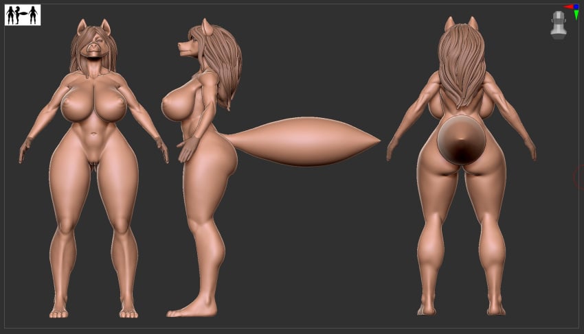 2020 3d anthro ass breasts canid canine female front_view genitals hi_res mammal nipples pussy rear_view sculpt side_view solo vck zbrush