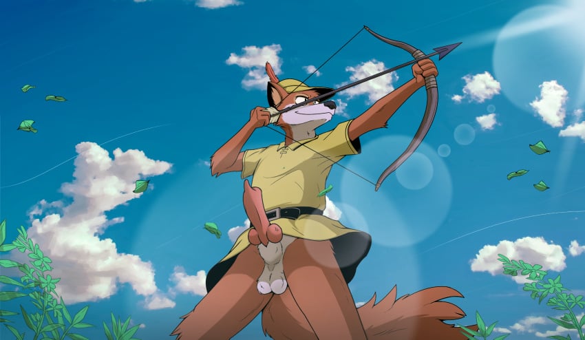 animal_genitalia animal_penis anthro balls big_tail bow_(weapon) canid canine canine_penis clothed clothing colrblnd day disney domidark erection fox genitals hi_res knot male male_only mammal outside partially_clothed penis ranged_weapon robin_hood_(disney) sheath solo weapon