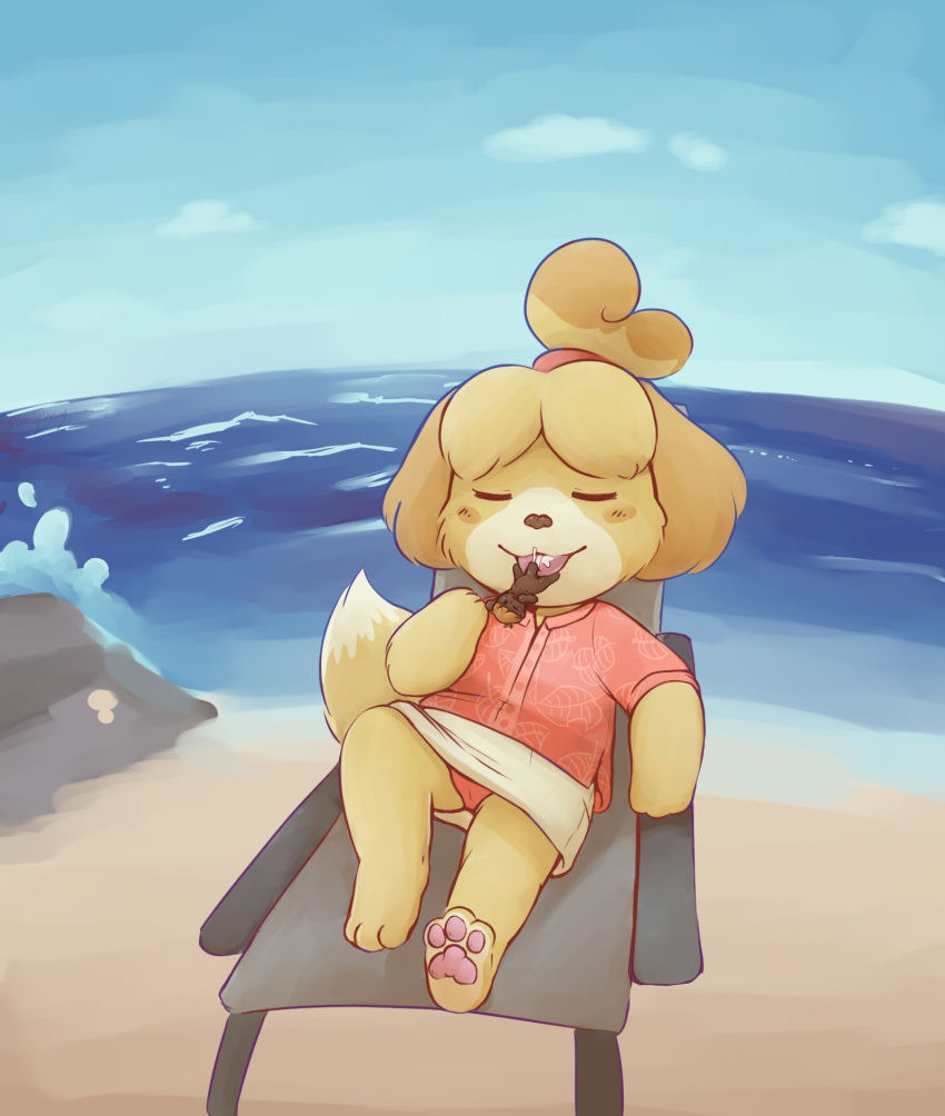 animal_crossing anthro beach beverage bodily_fluids canid canine canis clothing cum cum_in_mouth cum_inside domestic_dog female genital_fluids gravitysinning hi_res isabelle_(animal_crossing) island male mammal micro nintendo pawpads relaxing sea seaside shih_tzu size_difference straight toy_dog video_games water