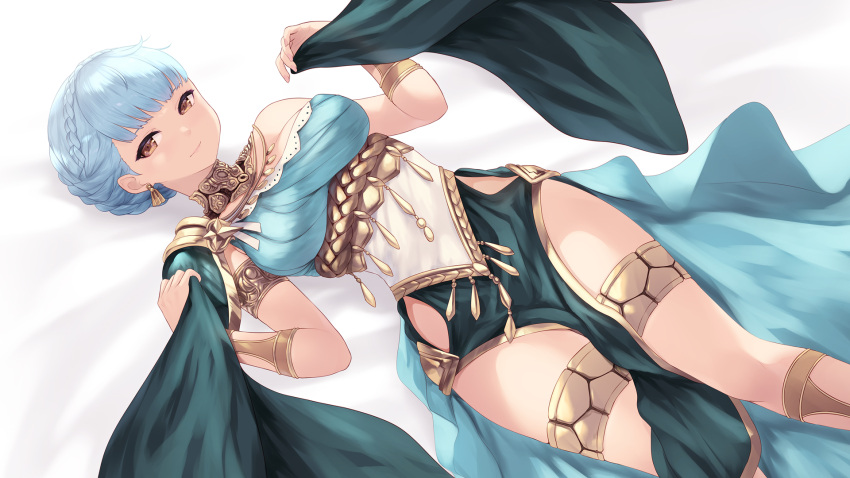 1girls alternate_costume armlet bangs blue_hair braid breasts brown_eyes cait cait_aron commentary crown_braid dancer dancer_(three_houses) dress earrings eyebrows_behind_hair female female_only fire_emblem fire_emblem:_three_houses fire_emblem_heroes hair_bun highres jewelry large_breasts looking_at_viewer lying marianne_von_edmund multicolored_clothes multicolored_dress nintendo official_alternate_costume on_back pelvic_curtain single-shoulder_dress solo thighlet