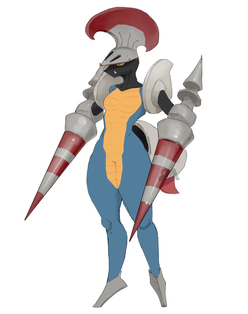 anthro armor breasts escavalier fangs featureless_breasts female genitals goonie-san hi_res knight lance nintendo pokémon_(species) pokemon pussy slit_visor snaggle_tooth solo video_games warrior yellow_sclera