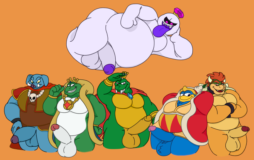 absurd_res amphibian anthro avian ball_tuft balls beak belly big_pecs big_penis big_tongue bird black_eyes blue_body blue_eyes blue_penis bottomless bottomless_male bowser bracelet brown_eyes cape chest_tuft chubby_anthro chubby_male claws clothed clothing collar crossed_arms crown donkey_kong_(series) ears_down erection floating floppy_ears frog ganon gem genitals gesture ghost gold_balls gold_penis green_body group hair hand_above_head hand_on_butt hand_on_hip hand_on_stomach hands_behind_head hat headgear headwear hi_res horn jewelry k_rool king_boo king_dedede kirby_(series) koopa kremling leaning_on_another looking_at_viewer luigi's_mansion lying male male_only mammal mamu mario_(series) musclegut necklace nintendo on_side open_mouth overweight overweight_anthro pecs penguin penis pivoted_ears purple_eyes raised_hand red_eyes red_hair robe scalie sharp_teeth shell shoulder_pads side_butt skull_accessory skull_necklace smile smiling_at_viewer snout spirit standing suina tan_balls tan_body tan_skin teeth the_legend_of_zelda thick_penis thumbs_up tongue tongue_out tuft tusks waniiime_(artist) wart_(mario) white_balls white_penis yellow_body yellow_eyes