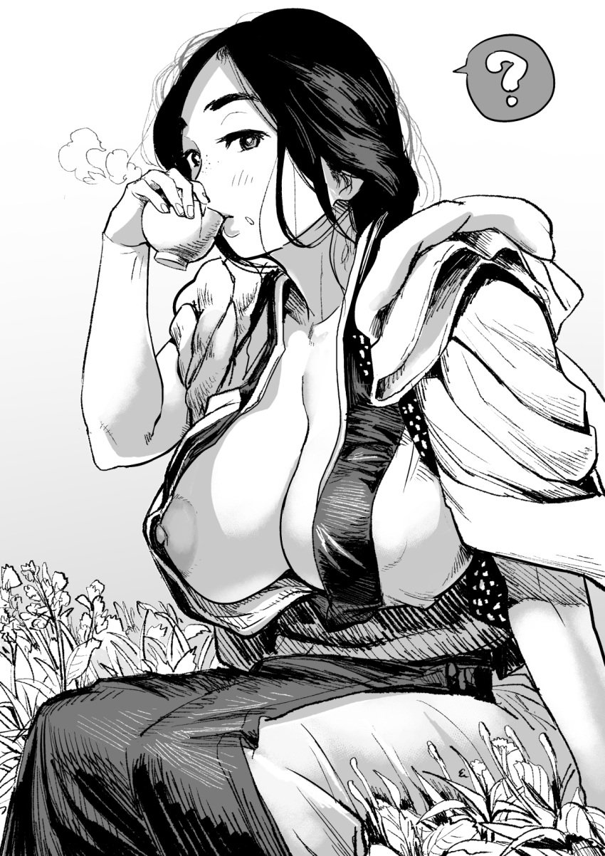 big_breasts breasts busty cleavage female female_focus female_only hourglass_figure ichiren japanese japanese_clothes large_breasts line_art monochrome outdoors overflowing_breasts sleeves_rolled_up tagme wide_hips