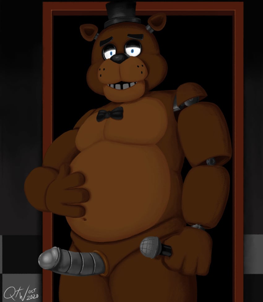 animatronic anthro belly blue_eyes bow_tie brown_body brown_fur clothing fingers five_nights_at_freddy's freddy_(fnaf) fur genitals glowing glowing_eyes hand_on_stomach hat headgear headwear hi_res humanoid_genitalia humanoid_penis inside machine male male_only mammal metal_penis microphone navel nude overweight overweight_anthro overweight_male penis qwertythewolf robot smile solo solo_male teeth ursid ursine video_games