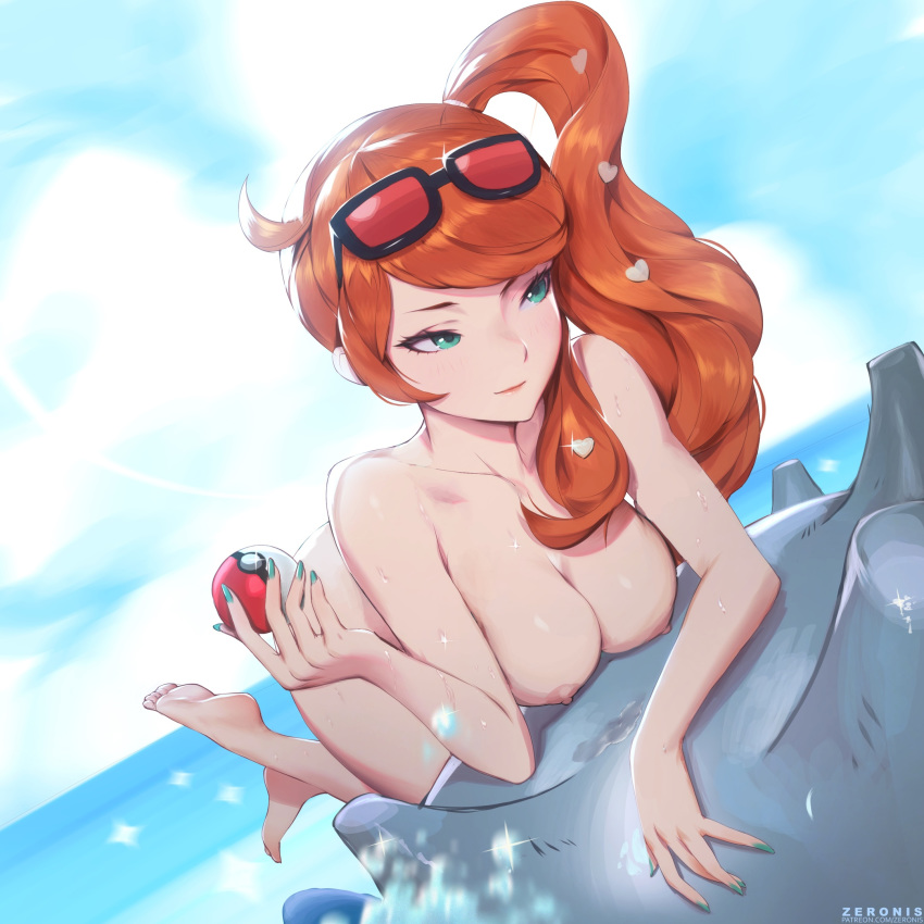 alternate_breast_size breasts feet female_only human large_breasts nintendo nipples nude pokemon pokemon_ss red_hair soles solo solo_female sonia_(pokemon) sunglasses_on_head the_pose toes zeronis