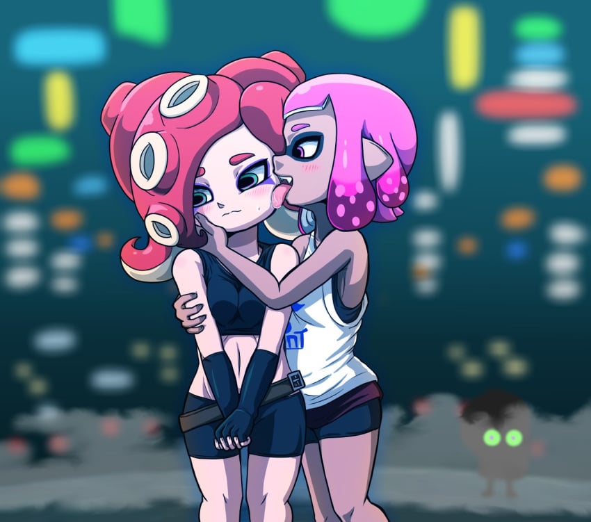 2girls assertive_female bare_shoulders black_shorts blush blushing chocolate_and_vanilla claiming dark-skinned_female embarrassed face_lick face_licking female female_only female_pervert females forced_yuri green_eyes hand_on_another's_arm hand_on_another's_face humanoid_pointy_ears ignoring inkling inkling_girl interracial interracial_yuri interspecies jojo_reference licking licking_cheek licking_face looking_away midriff multiple_girls nintendo octo_trooper octoling octoling_girl octoling_rival octotrooper pink_eyes pink_hair pointed_ears pointy_ears red_hair saliva short_hair short_pink_hair short_red_hair shorts sleeveless sleeveless_shirt spats splatoon splatoon_2 surume_(splatoon) sweatdrop takamame tentacle_hair yuri