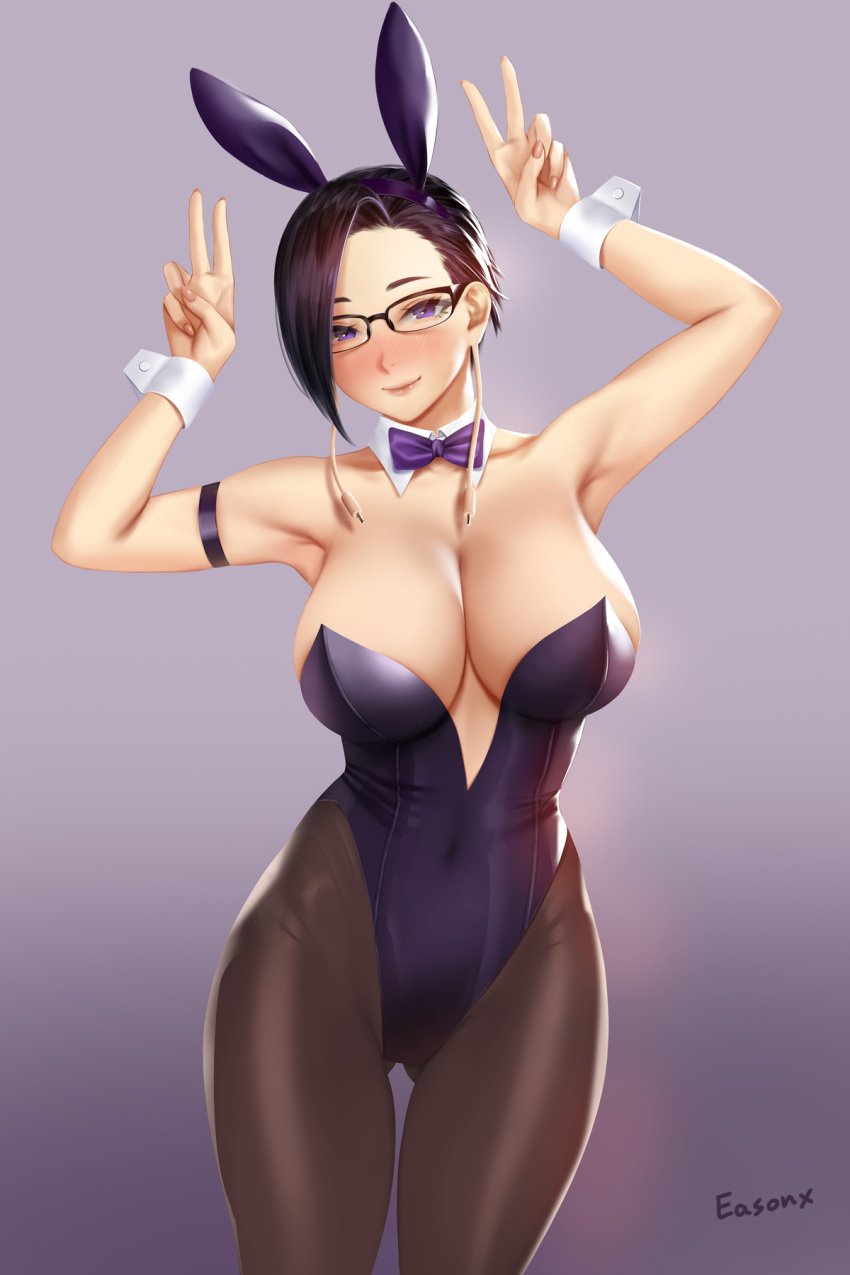 1girls armpits arms_up big_breasts black_pantyhose blush bunny_costume bunny_ears bunnysuit cleavage covered_navel double_v easonx female glasses leotard looking_at_viewer mika_jiro milf my_hero_academia navel necktie pantyhose short_hair simple_background solo solo_female solo_focus tie v