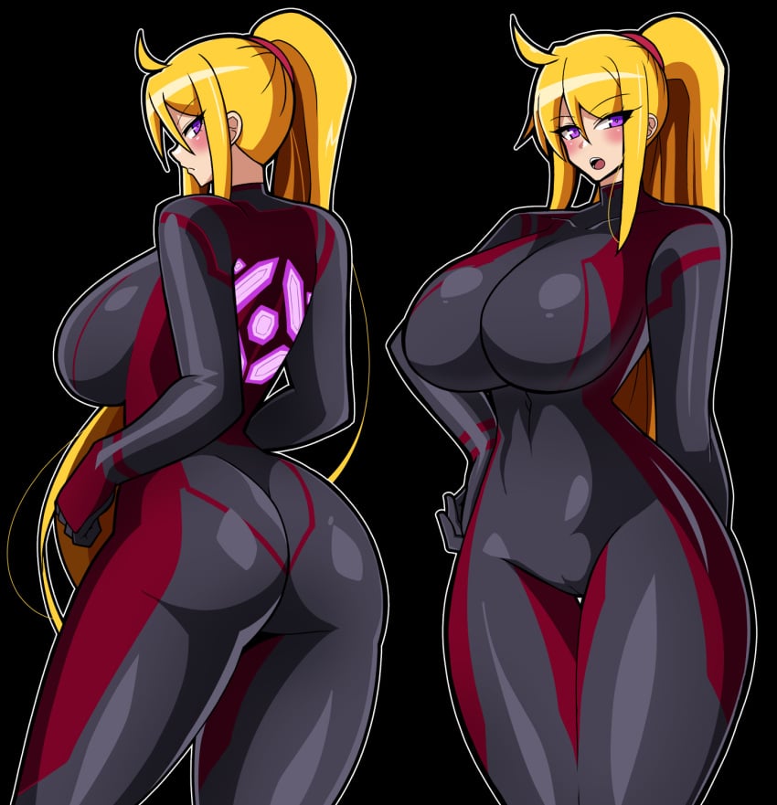 1girls ass blonde_female blonde_hair blonde_hair_female blush breasts breasts_bigger_than_head female fully_clothed fully_clothed_female iriomote_umineko large_breasts looking_at_viewer metroid metroid_prime_4:_beyond mouth_open nintendo ponytail purple_eyes purple_eyes_female samus_aran skin_tight_suit solo solo_female standing white_skin zero_suit_samus