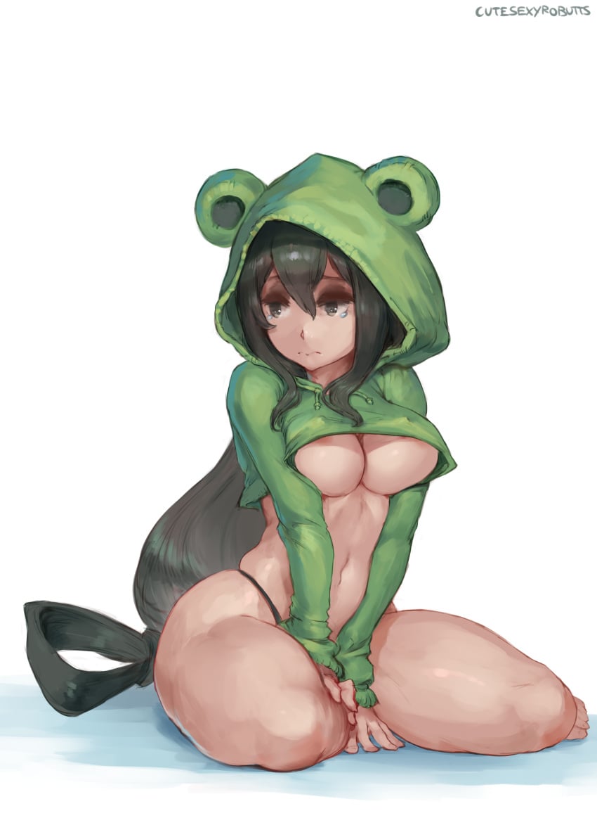 1girls absurd_res black_eyes black_hair breasts cleavage crying cutesexyrobutts female female_only hi_res hoodie large_hips large_thighs my_hero_academia navel nipple_bulge pale-skinned_female shy simple_background solo solo_female solo_focus tears teenager thong tied_hair tsuyu_asui underboob voluptuous white_background