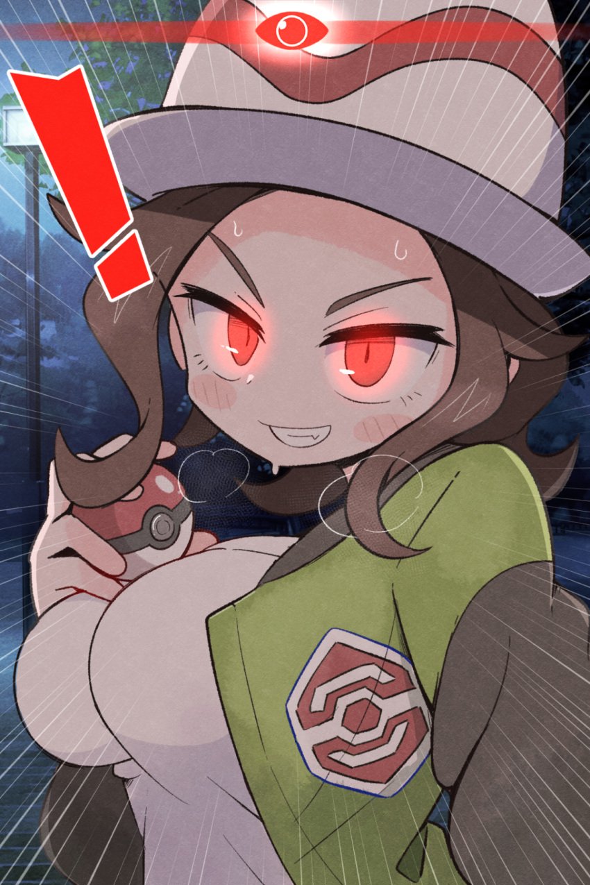 ! 1girls alpha_pokémon alpha_pokemon breasts brown_hair female game_freak green_jacket harmony_(pokemon) hat highres huge_breasts jacket jacket_open kurachi_mizuki large_breasts looking_at_viewer nintendo open_clothes open_jacket poke_ball pokemon pokemon_legends:_z-a red_eyes shirt solo solo_female solo_focus sweat white_shirt