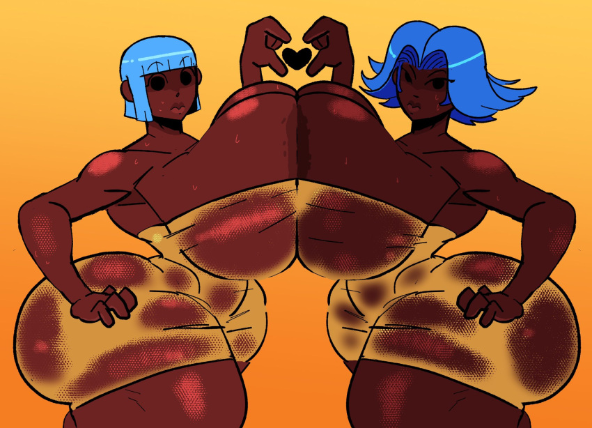 blue_hair breasts child_bearing_hips curvy curvy_figure dark-skinned_female female hand_on_hip heart huge_ass huge_breasts large_areolae large_ass large_breasts mob_face repomorame short_hair sisters skin_tight tagme tight_clothing tight_dress