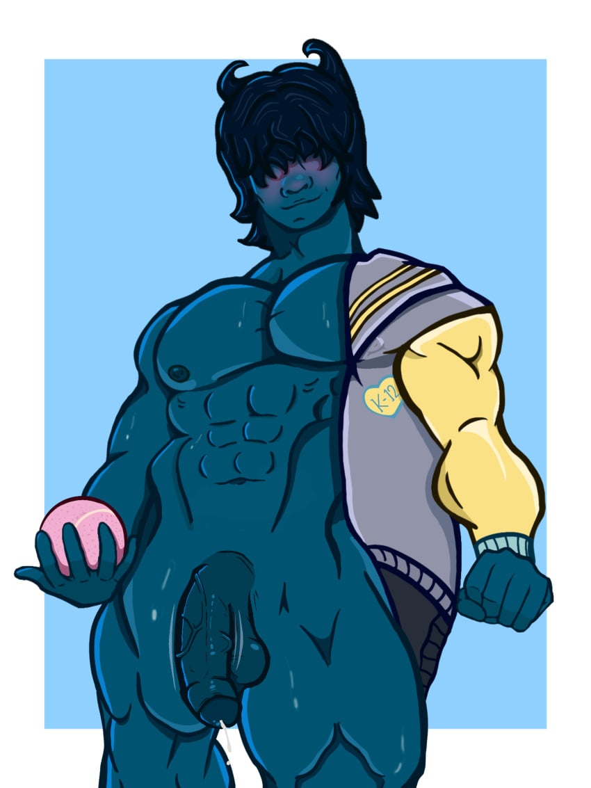 6_pack blue_boy_(k-12) blue_dick blue_hair blue_skin blue_skinned_male blush dick_growth dick_swing floppy_cock gay gay_male growth hidden_eyes horns jacket jacket_open k-12 k-12_(melanie_martinez_album) muscular one_male smirking tennis_ball wet_body wet_hair