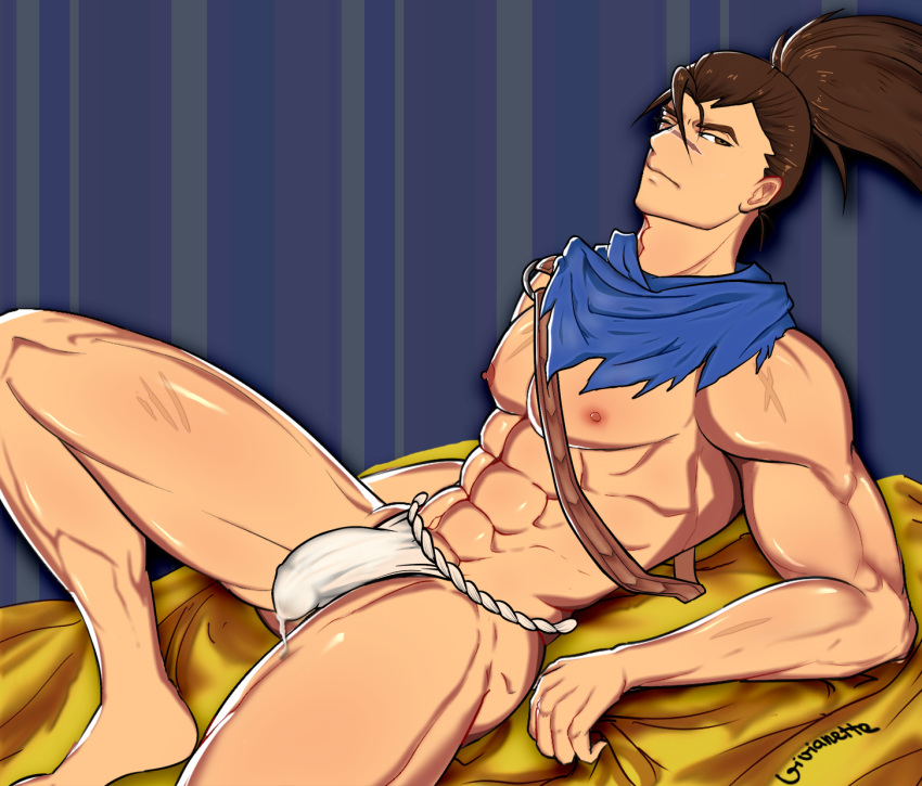 1boy abs bara big_penis brown_eyes brown_hair bulge cum cum_in_underwear cum_under_clothes ejaculation ejaculation_under_clothes erect_penis erection erection_under_clothes fundoshi fundoshi_only human human_only league_of_legends light-skinned_male light_skin long_hair looking_at_viewer lying male male_nipples male_only masturbation muscle muscles muscular muscular_male nipples one_eye_closed pecs penis_in_underwear penis_under_clothes scar scar_on_face sheets shiny_skin six_pack solo solo_focus solo_male tied_hair underwear white_underwear yasuo