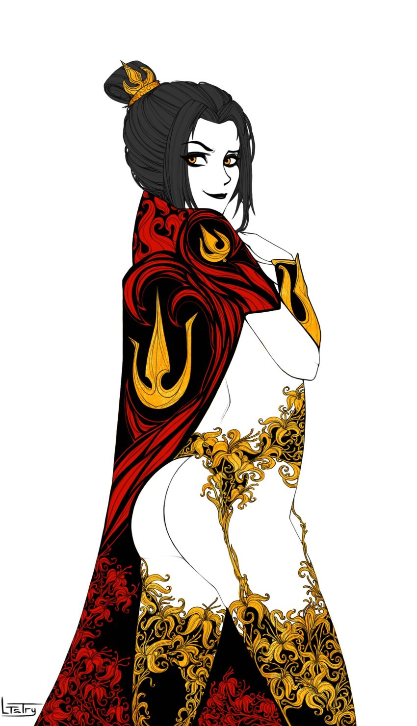 ass avatar_the_last_airbender azula black_hair black_lipstick bottomless cloak east_asian_clothing female_only jewelry ltstry no_panties pale-skinned_female pose posing side_view smile stockings yellow_eyes