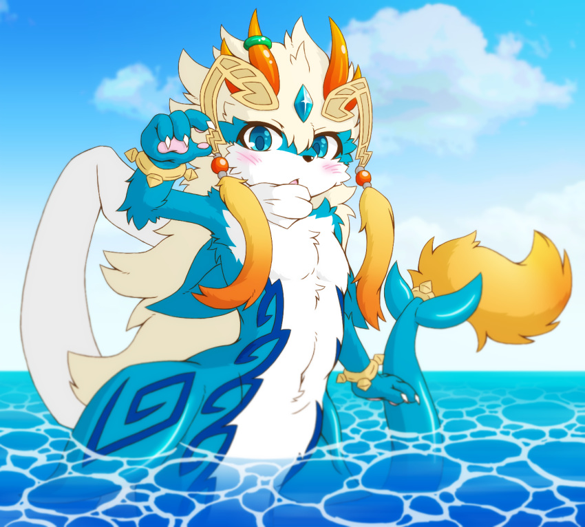 acky05 ambiguous_gender anthro blue_eyes blush claws cute fluffy looking_at_viewer mammal open_mouth pawpads paws shaorune tail tales_of_(series) tales_of_rebirth tongue water wet