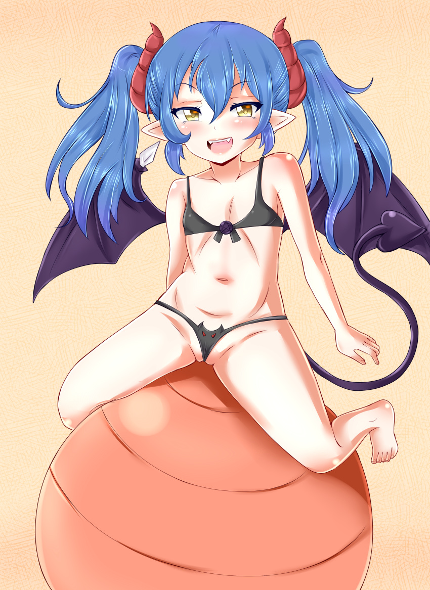 ball blue_hair demon_girl demon_horns demon_tail demon_wings horns seryuu swimsuit tail unholysoul wings yellow_eyes