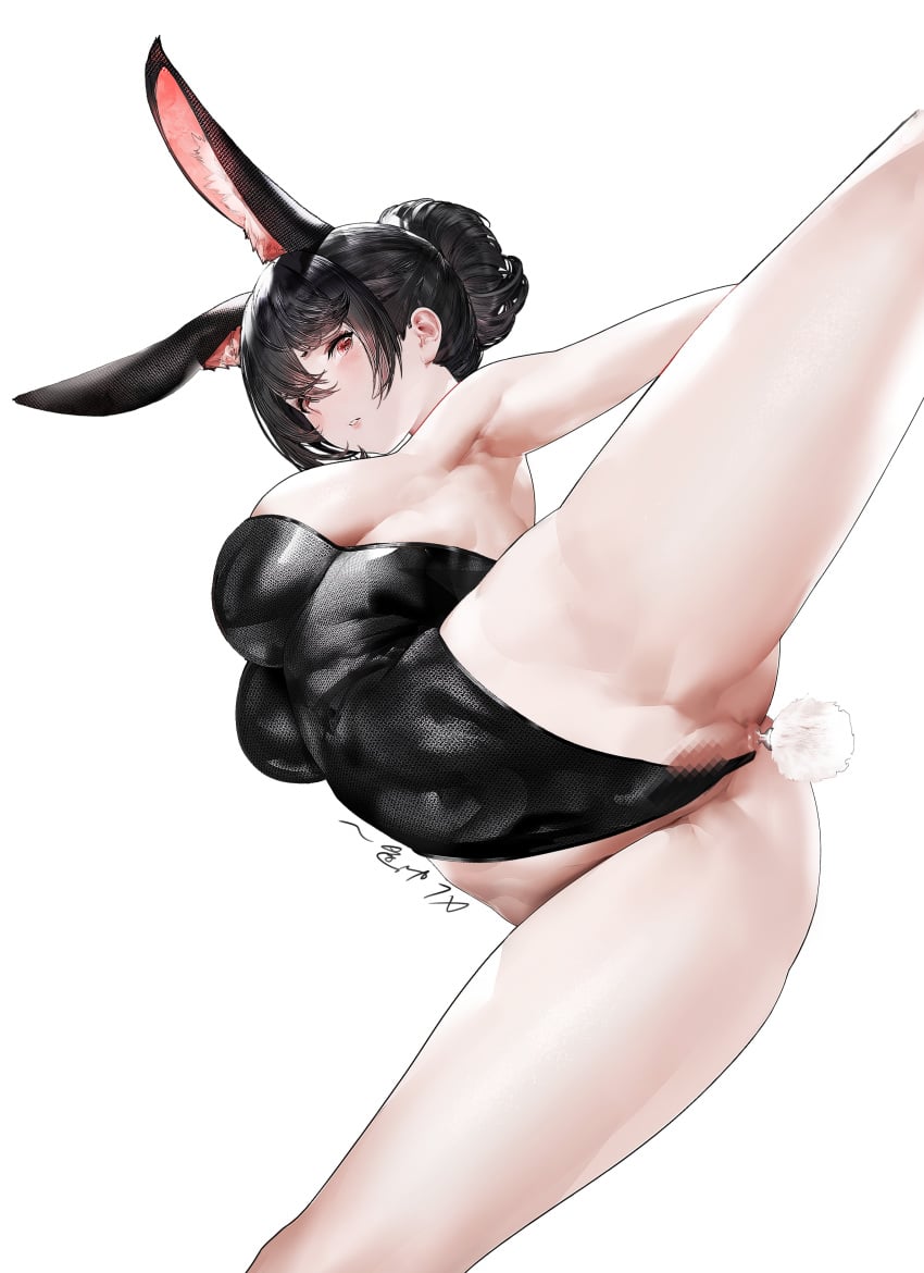 absurdres anal anal_object_insertion anal_tail animal_ear_fluff animal_ears armpits bare_legs bare_shoulders black_hair black_leotard blush breasts bunny_ears bunny_tail censored fake_tail female from_below hair_bun highleg highleg_leotard highres large_breasts leotard leotard_aside looking_down mosaic_censoring object_insertion original parted_lips pussy short_hair simple_background smile solo standing standing_on_one_leg tail thighs white_background xlnosearch_(xlxiaoluodiaofa)