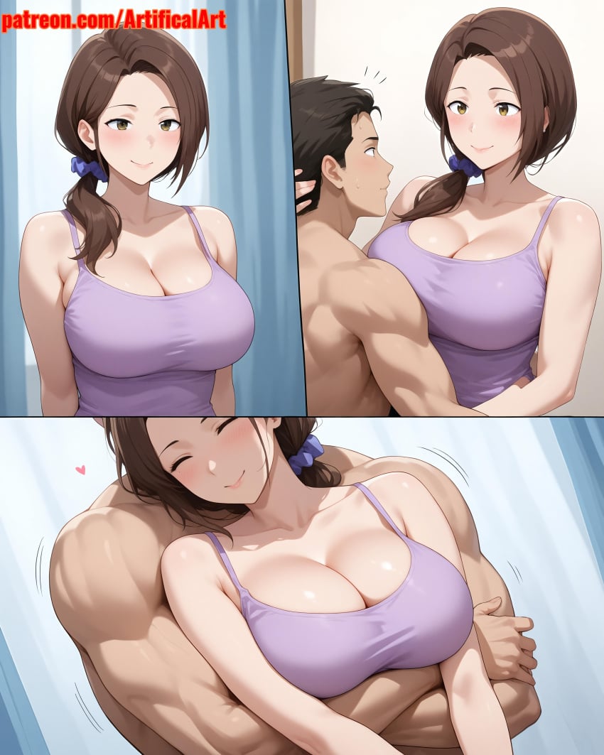 1boy 1girls ai_generated artifical_art blue_eyes brown_hair female incest kokujin_no_tenkousei_ni_ane_o_ntr-ru male milf mommy mori_kaede_(terasu_mc) mother mother_and_son son