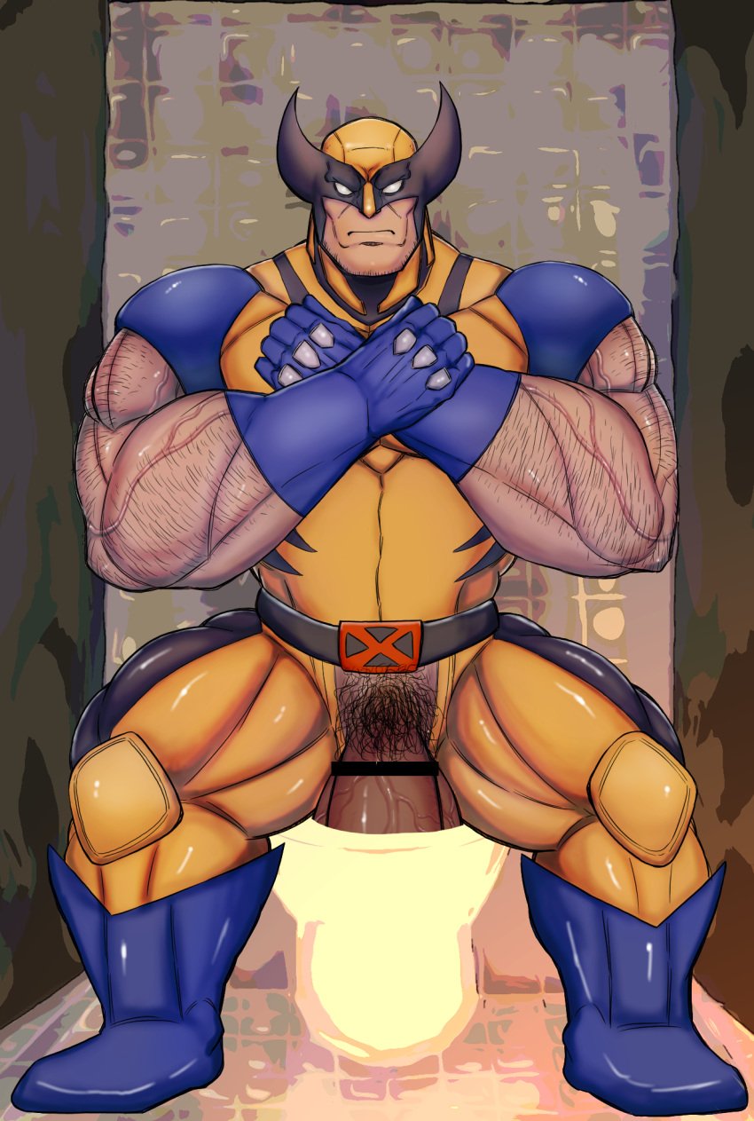 balls bara big_balls big_penis boner censored costume erection james_howlett male male_only marvel marvel_comics muscles muscular penetrating_object penis penis_out shiro_tora solo solo_male toilet toilet_sex wolverine_(x-men) x-men