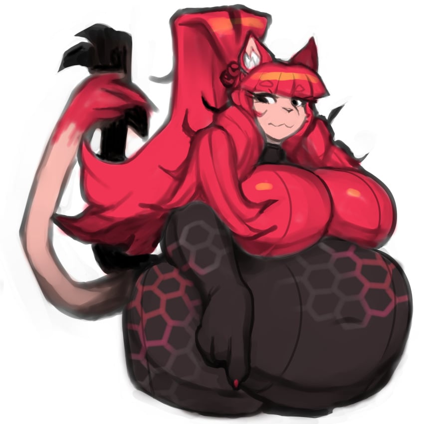 big_belly big_breasts cat_ears cat_tail catgirl chubby chubby_female hexagon hypnofood mammal_humanoid plugsuit red_hair simple_background tail