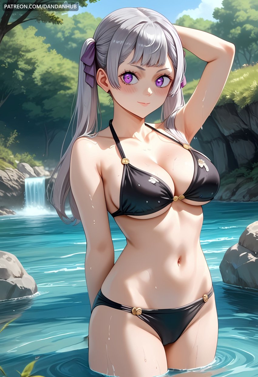 ai_generated arm_behind_back arm_behind_head arm_up bangs bare_shoulders bikini black_bikini black_clover blush breasts cleavage closed_mouth collarbone cowboy_shot dandanhub day female grey_hair hair_ribbon halterneck large_breasts long_hair looking_at_viewer navel noelle_silva outdoors purple_eyes purple_ribbon ribbon rock smile solo standing stomach swimsuit tree twintails wading water wet