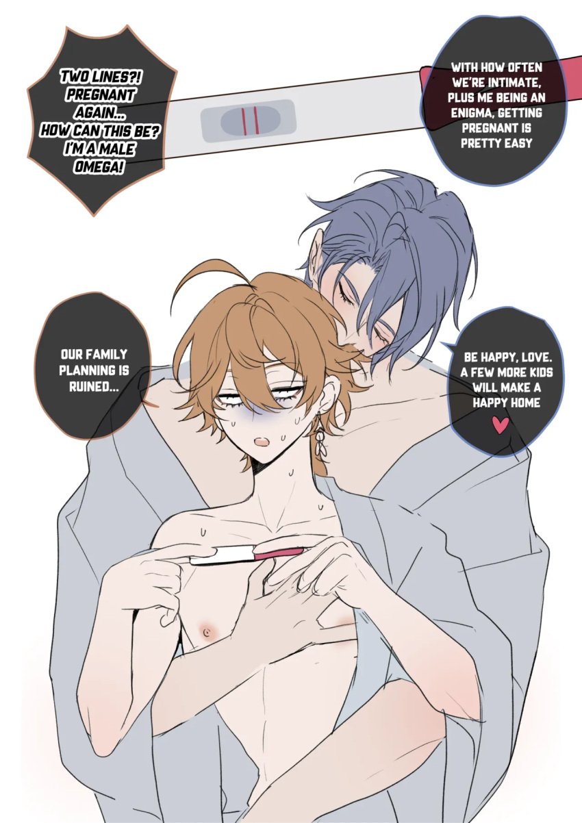 2boys aether_(genshin_impact) anime anime_style ayato_(genshin_impact) blue_hair blushed_face dominant dominant_male english_text gay genshin_impact kamisato_ayato light-skinned_male light_skin male male_only nipples_touching omegaverse only_male pcrow pink_nipples submissive submissive_male surprised white_background yaoi yellow_hair