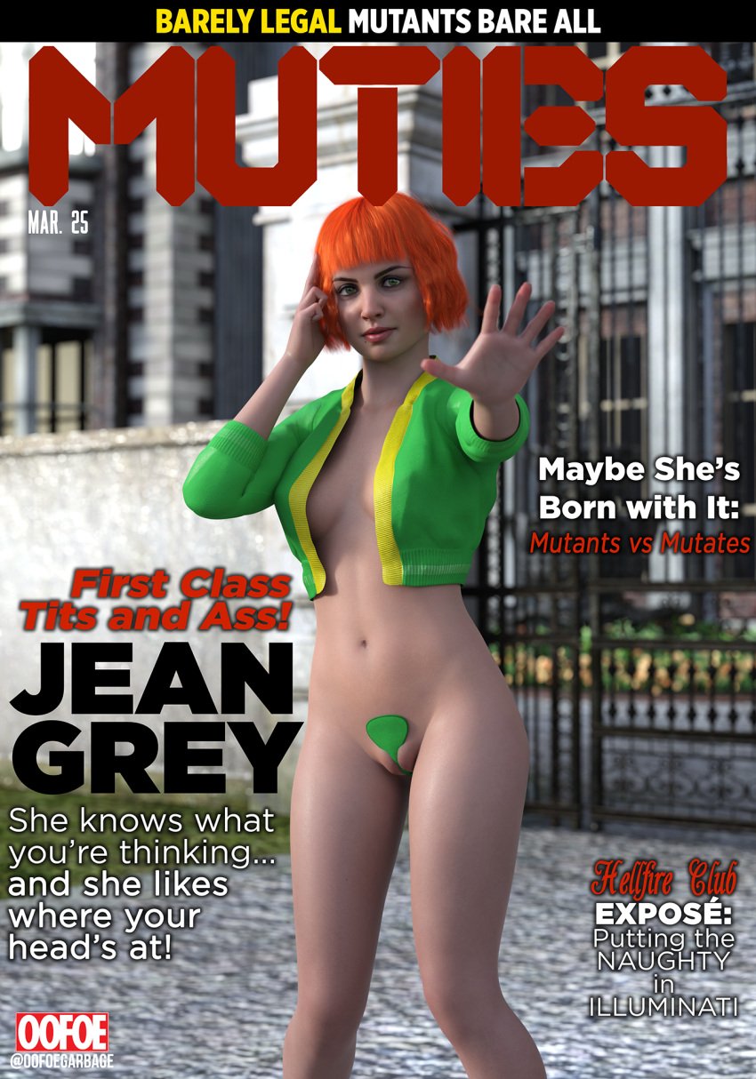 1girls 3d all-new_x-men beauty_mark bob_cut c-string cameltoe cover_page covered_nipples cropped_jacket daz_studio english english_text fake_magazine_cover female gesturing_at_viewer human&#039;d human_is_better human_supremacy human_worship humaned jean_grey looking_at_viewer magazine magazine_cover marvel marvel_comics mole mole_under_mouth mutant mutant_(marvel) naked nearly_nude nude oofoe orange_hair past_jean_grey public_nudity red_hair self_upload short_hair small_breasts solo solo_female solo_focus space superheroine x-men