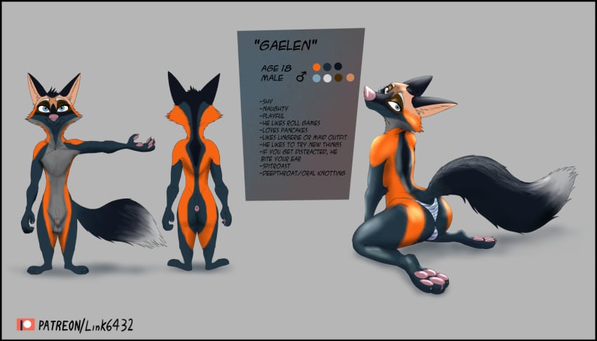 anthro black_border border canid canine clothing fox gaelen_(link6432) girly link6432 male mammal model_sheet oc_character panties pawpads pink_nose pink_pawpads solo underwear