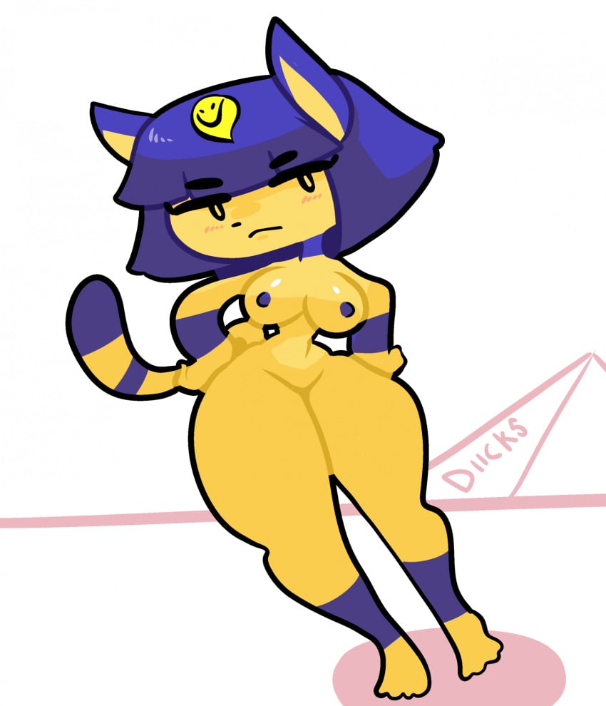 animal_crossing ankha ankha_(animal_crossing) anthro blue_hair blush breasts digital_media_(artwork) diicks domestic_cat felid feline felis female fur hair hi_res looking_at_viewer mammal nintendo nipples nude simple_background solo stripes tail thick_thighs wide_hips yellow_body yellow_fur