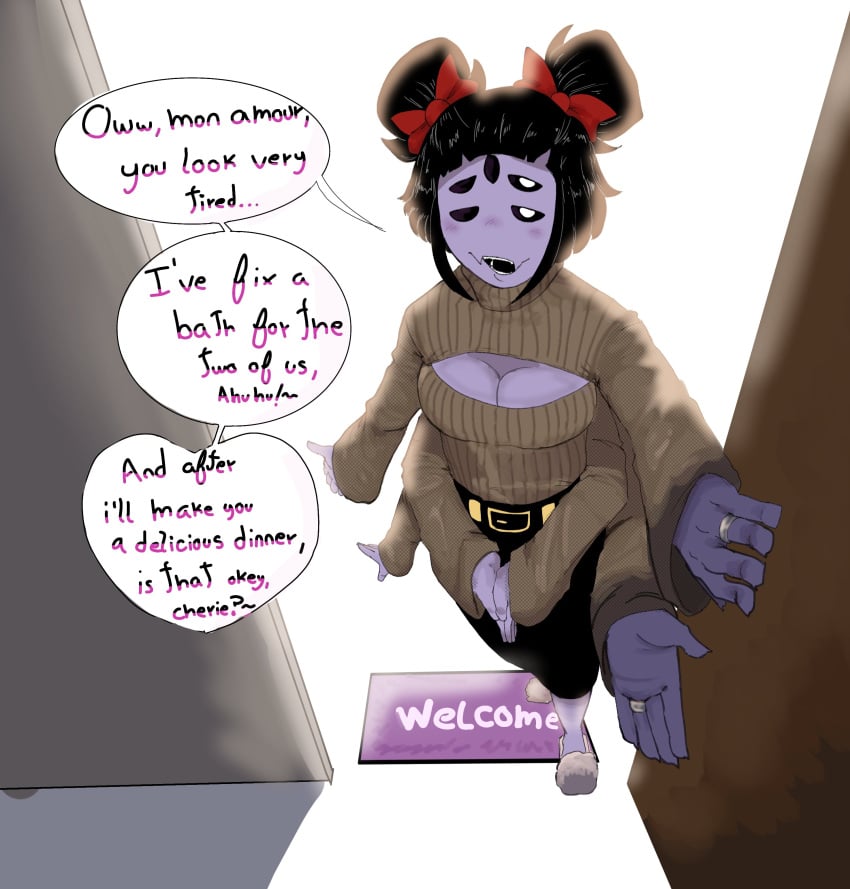 1girls 5_eyes 6_arms arachnid belt black_hair black_pants black_sclera boob_window bow closed_eyes dialogue door fangs female female_only french french_female french_text inviting muffet open_mouth purple_skin rings short_hair slippers sole_female spider_girl sweater tagme talking_to_viewer undertale undertale_(series) welcoming white_eyes wholesome wife_material zackocafeina