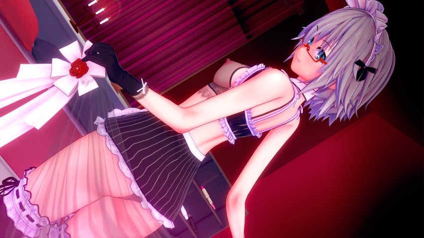 3d armpits blush date date_a_live dr.xidan17 dr_xidan17 glasses honjou_nia koikatsu lingerie looking_back maid sexy_pose short_hair small_tits solo stockings striped_skirt thighhighs