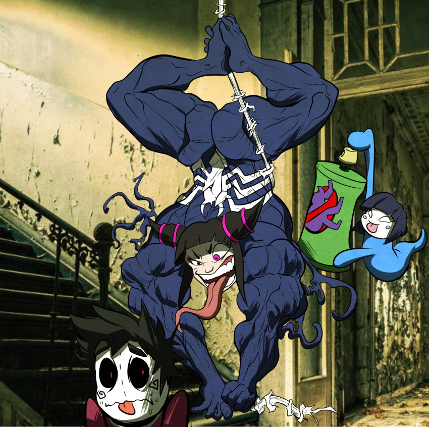 1boy 2girls androgynous ass extreme_muscles guitartist03 hanging_upside_down juri_han long_tongue marvel muscular_butt muscular_female scared straight_hair street_fighter street_fighter_iv symbiote tongue tongue_out twintails upside-down venom_(marvel) web