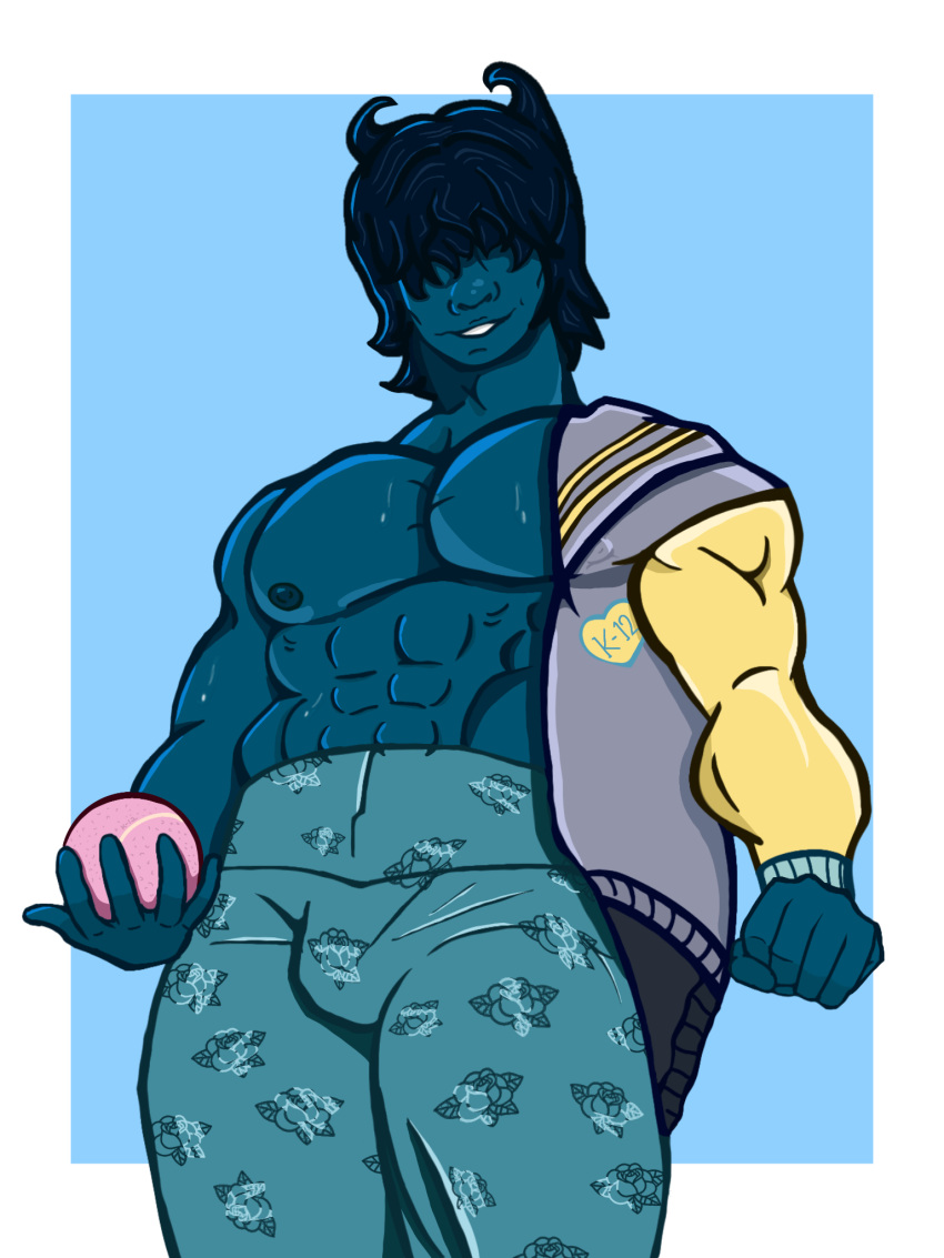 6_pack biceps blue_boy_(k-12) blue_hair blue_skin blue_skinned_male btylcus98 bulge gay gay_male growth hidden_eyes horns jacket_open k-12 k-12_(melanie_martinez_album) male male_only muscular muscular_male one_male pants pecs sweat sweatdrop tennis_ball wet_body wet_hair