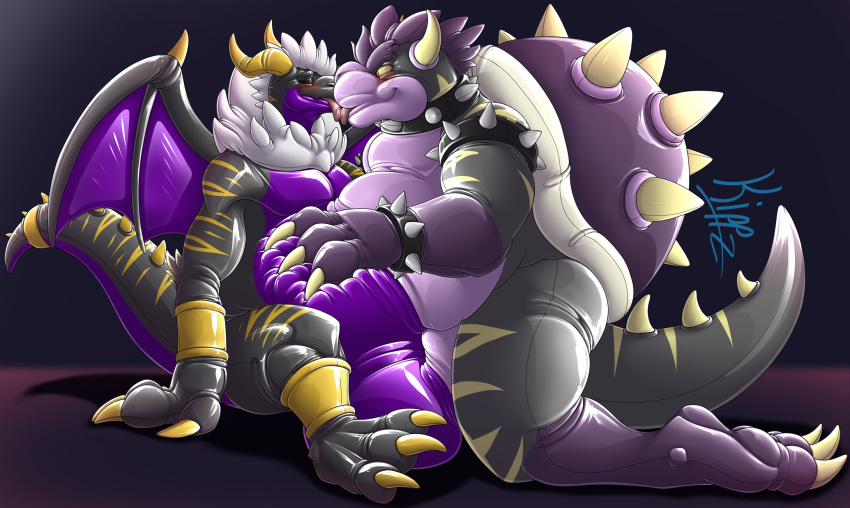 2020 2boys 3_toes alternate_color anthro belly belly_rub big_belly big_bulge black_sclera blush bowser bracelet bulge claws collar delta_(kippz) delta_(kippz) dragon duo embrace gay glistening hi_res horn inflatable jewelry kippz kissing koopa latex licking living_inflatable living_pool_toy long_tail male male/male male_only mario_(series) markings membrane_(anatomy) membranous_wings nintendo pool_toy red_eyes rubber rubbing rubbing_belly scalie shiny shiny_latex simple_background smile spiked_bracelet spiked_collar spikes squeaky squished_belly submissive submissive_male toe_claws toes tongue tongue_out tummy video_games wings wrist_cuff yellow_sclera