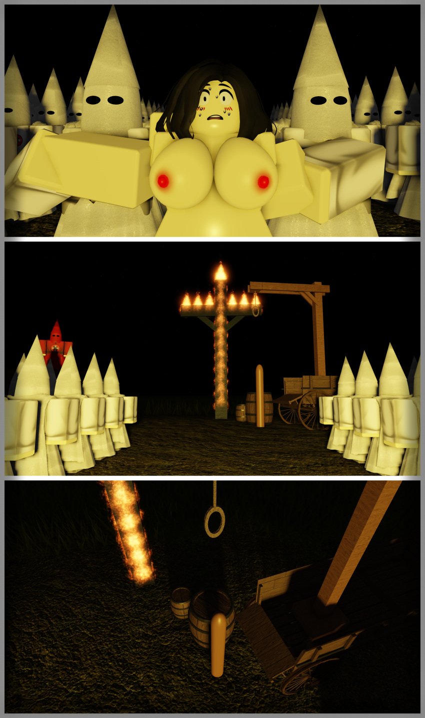 1girls 3d absurd_res absurdres breasts breasts_out comic cross faceless_character faceless_male female gallows highres imminent_sex imskip_(artist) kkk klansman_kyle_(imskip) ku_klux_klan male multiple_boys multiple_males noose outdoors pale-skinned_female pale_skin raceplay restrained ritual ritual_sex roblox robloxian self_upload tagme what wtf