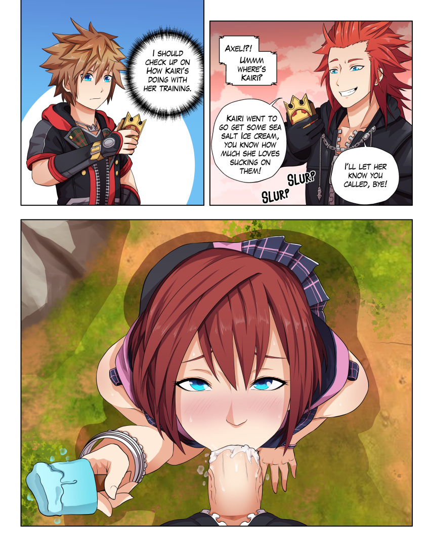 1girls 2boys axel_(kingdom_hearts) bangs blowjob blue_eyes blush blushing_at_viewer bracelet cellphone comic cuckold cum cum_in_mouth dialogue disney fellatio female ice_cream kairi kingdom_hearts kingdom_hearts_iii lea_(kingdom_hearts) looking_at_viewer looking_up male netorare oral penis pov red_hair redval secret sora speech_bubble square_enix text