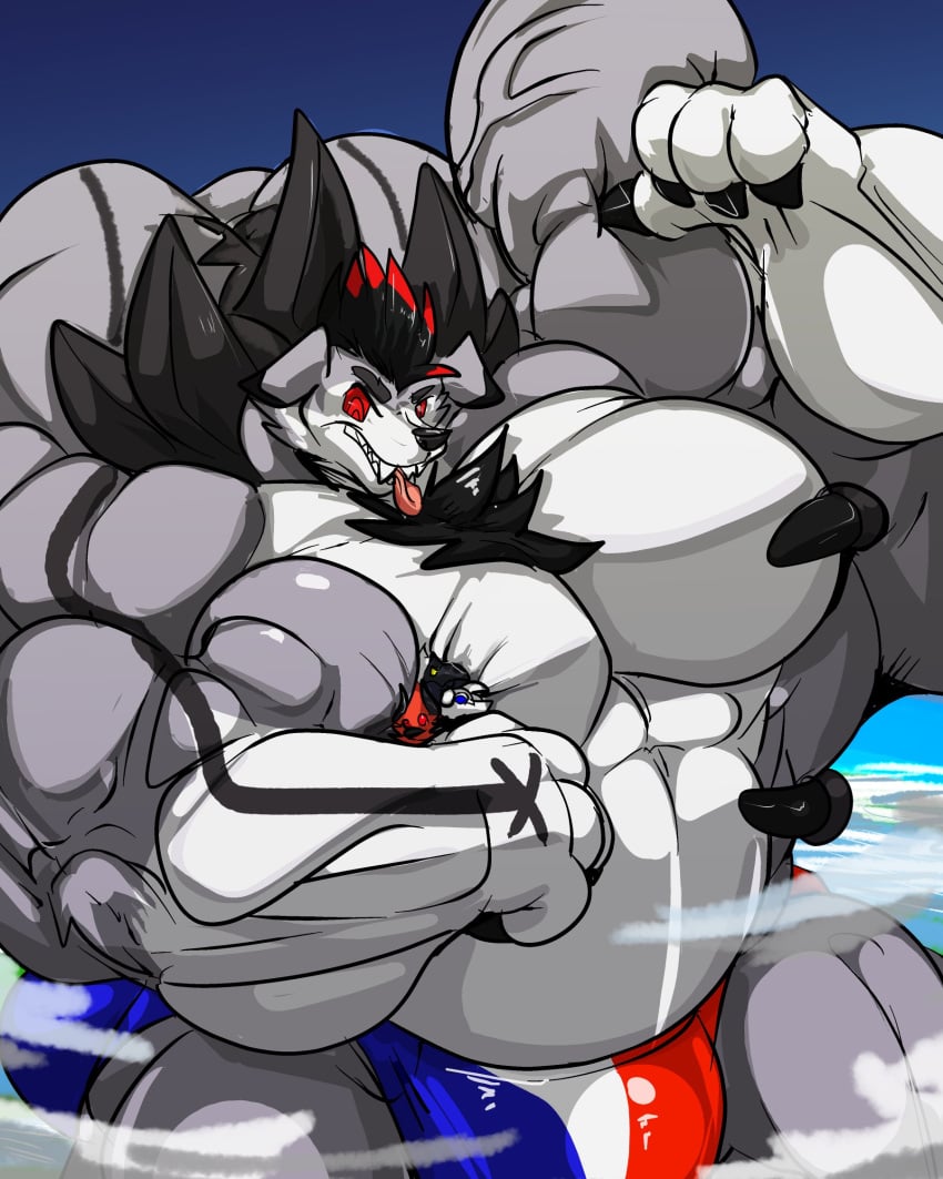 2020 alternate_species anthro anthrofied big_bulge big_muscles body_hair bulge chest_hair clothed clothing countershading duo fierglief fist flexing fur generation_7_pokemon grey_body grey_fur grin hi_res holding_another huge_bulge huge_muscles hyper hyper_bulge hyper_muscles lycanroc male musclegut muscular nintendo pokemon pokemon_(species) raised_arm red_eyes size_difference smile swaggy tongue tongue_out underwear underwear_only veiny_muscle white_body white_countershading