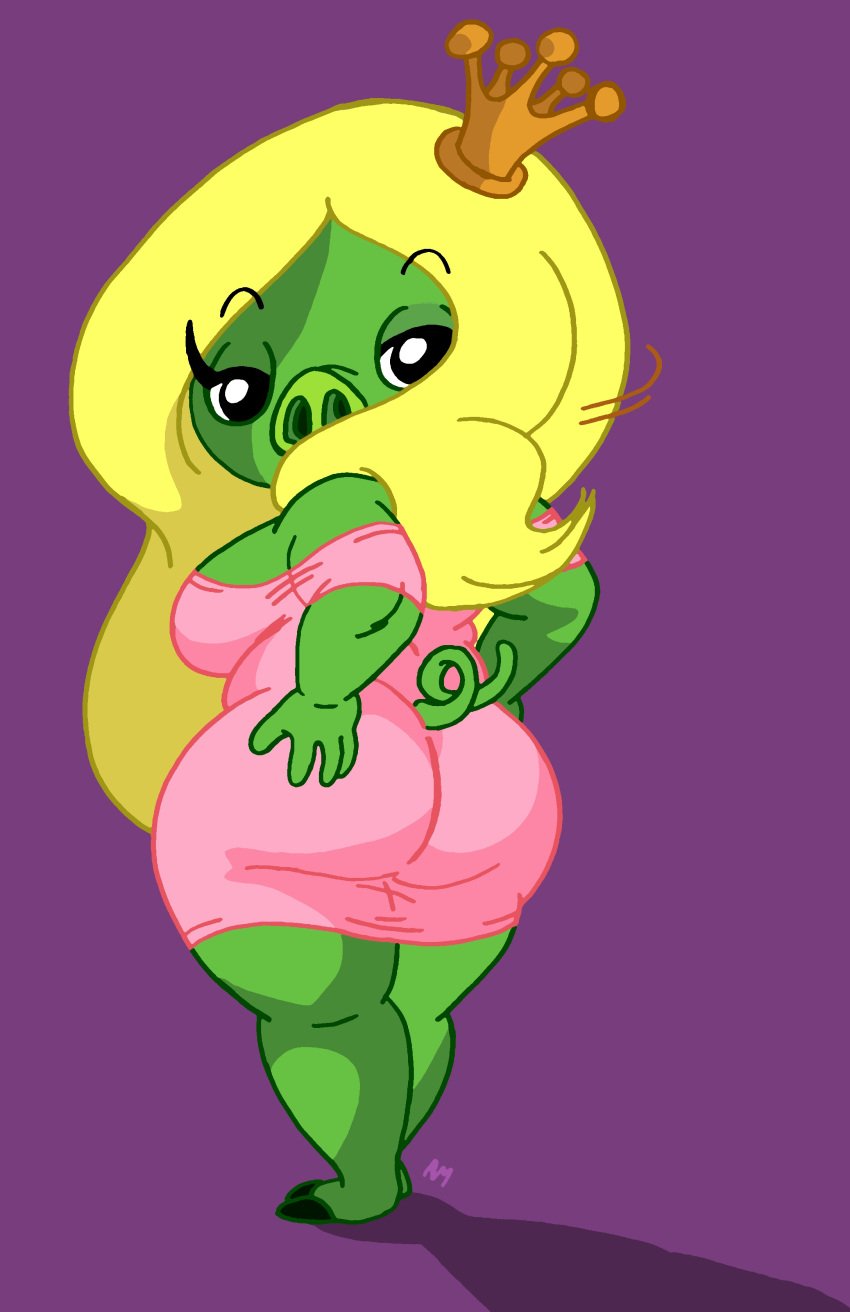 1girls angry_birds anthro ass blonde_hair breasts butt chubby chubby_female clothed clothes clothing crown curvy curvy_female cute dress female furry furry_female green_skin hand_on_head humanoid looking_at_viewer pig princess rovio rovio_entertainment seductive smile smiling smiling_at_viewer solo solo_female