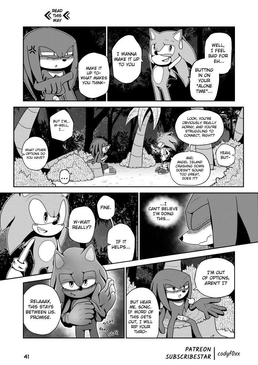 absurd_res anatomically_correct anatomically_correct_genitalia anatomically_correct_penis angel_island animal_genitalia animal_penis clothed clothing codyf0xx comic echidna echidna_penis english_text footwear forest genitals gloves greyscale handwear hi_res knuckles_the_echidna male mammal manga_style master_emerald monochrome monotreme partially_clothed penis plant sega shoes shrine sonic_the_hedgehog_(series) speech_bubble text thought_bubble tree